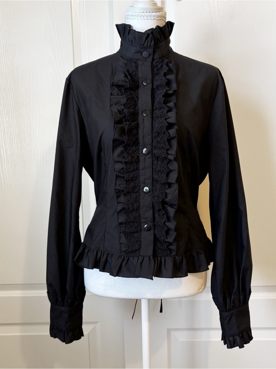 Fanplusfriend Tops - Fanplusfriend Victorian Lolita Black Ruffled High-Collar Button Down Top Large